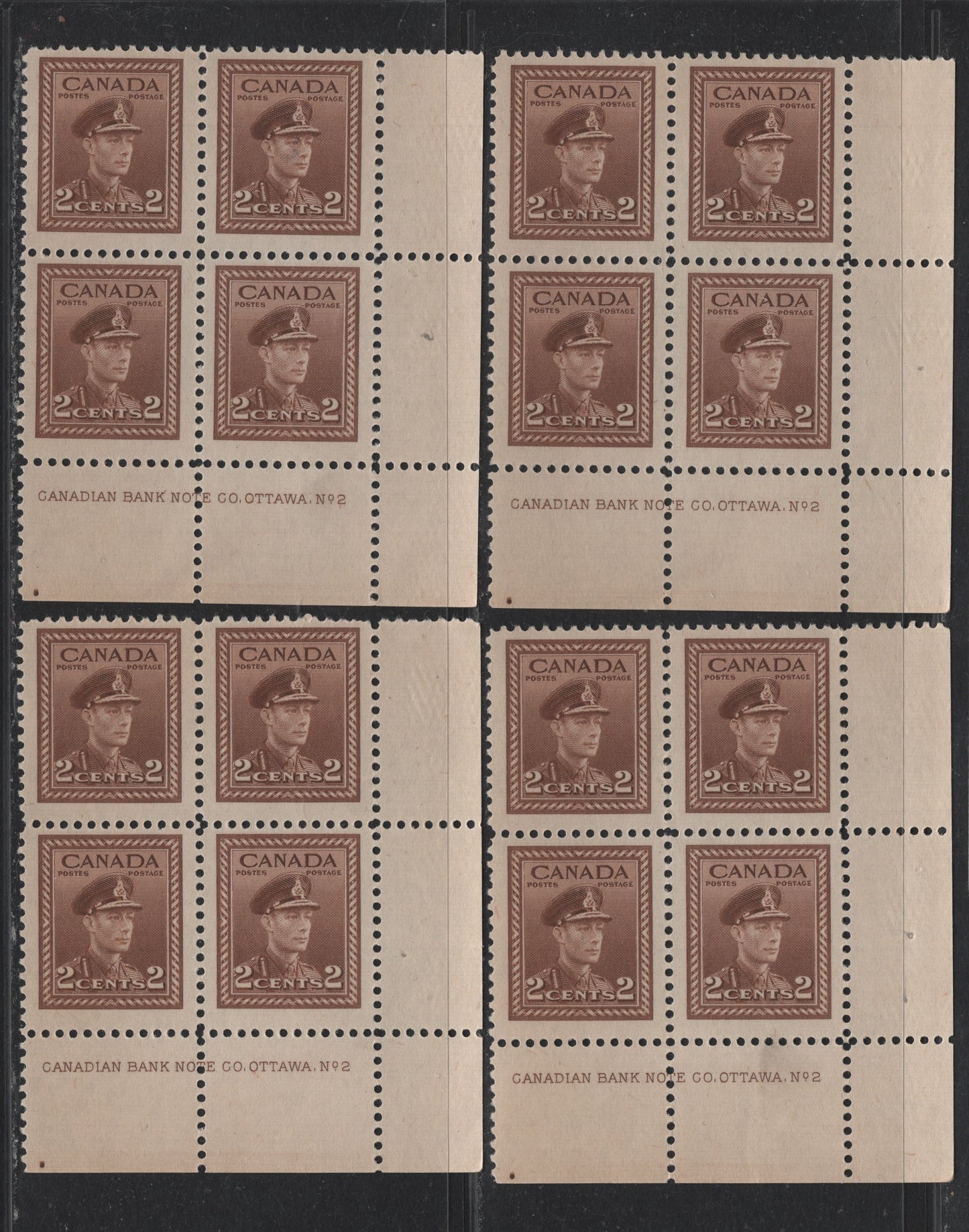 Lot 292 Canada #250 2c Light Brown, 1942-1943 War Issue, 4 FNH LR Plate Blocks Of 4, Plate 2, CBN-FFFFF Paper, Perfs 12x11.9, 12 & 12.1x11.85.