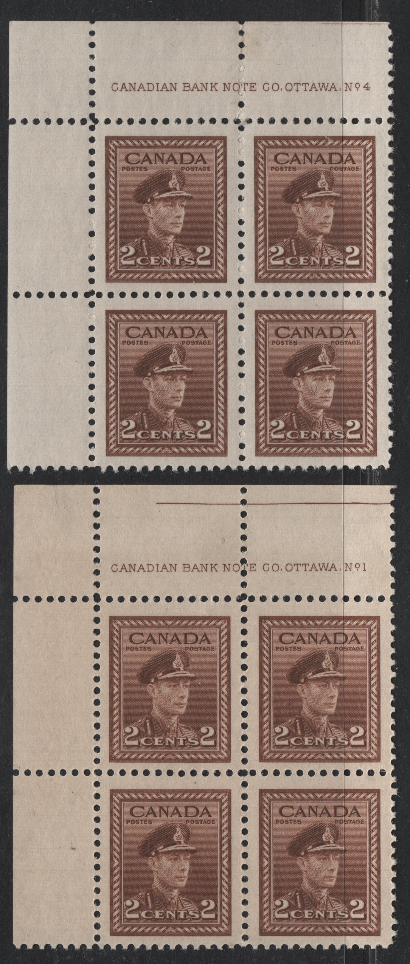 Lot 293 Canada (C) #250 2c Deep Brown & Brown, 1942-1943 War Issue, 2 VFNH/OG UR Plate Blocks Of 4, Plates 1 & 4, Unchecked As To Exact Papers & Perfs, P.4 Is Hinged & Horizontal Ribbed Paper, No Plate Dots.