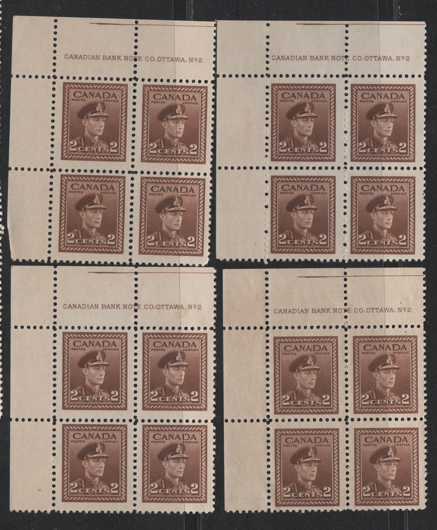 Lot 295 Canada #250 2c Brown - Deep Brown, 1942-1943 War Issue, 4 FOG/NH UL Plate 2 Blocks Of 4, All With Cutting Guidelines, Unchecked As To Exact Papers & Perfs