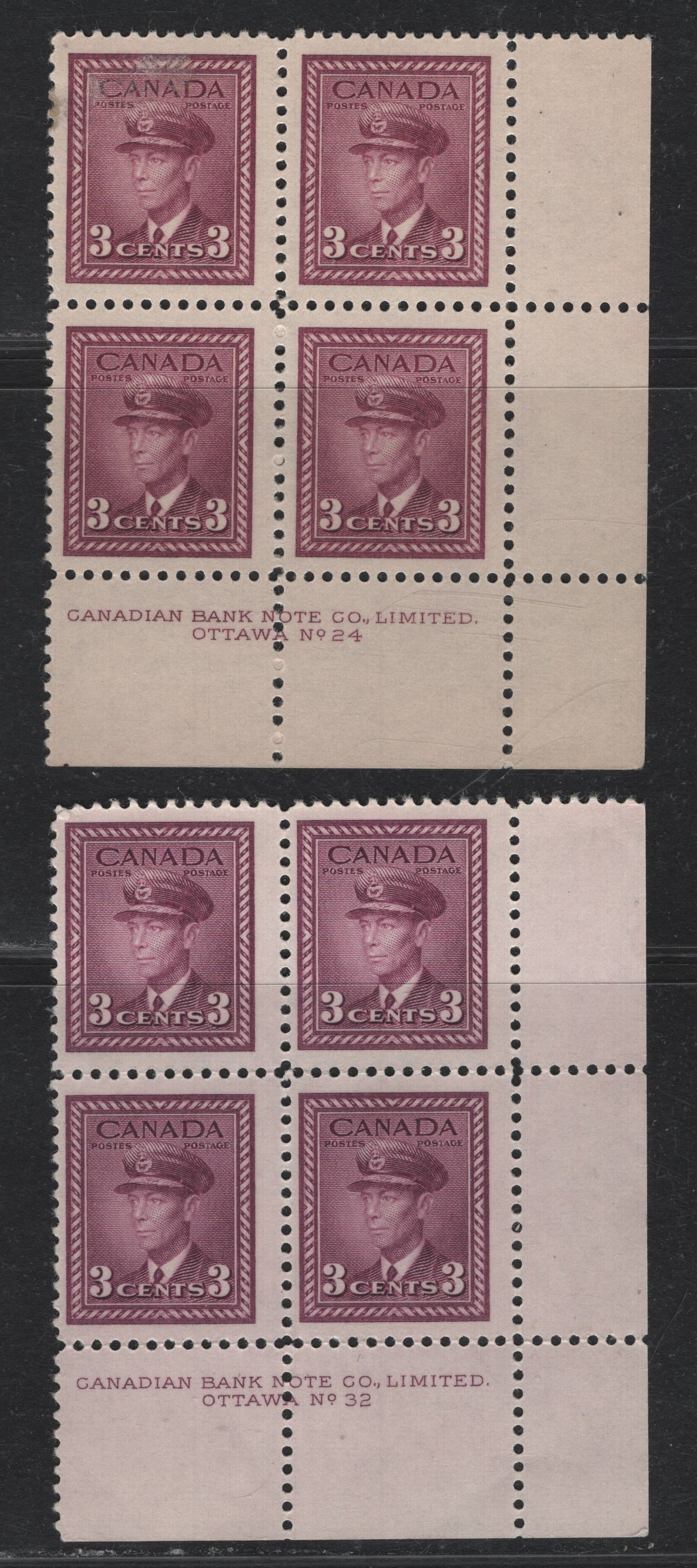 Lot 297 Canada #252 3c Plum - Rosy Purple, 1942-1943 War Issue, 2 FNH/OG LR Plate Blocks Of 4, Plates 24 & 32, Unchecked As To Exact Papers & Perfs