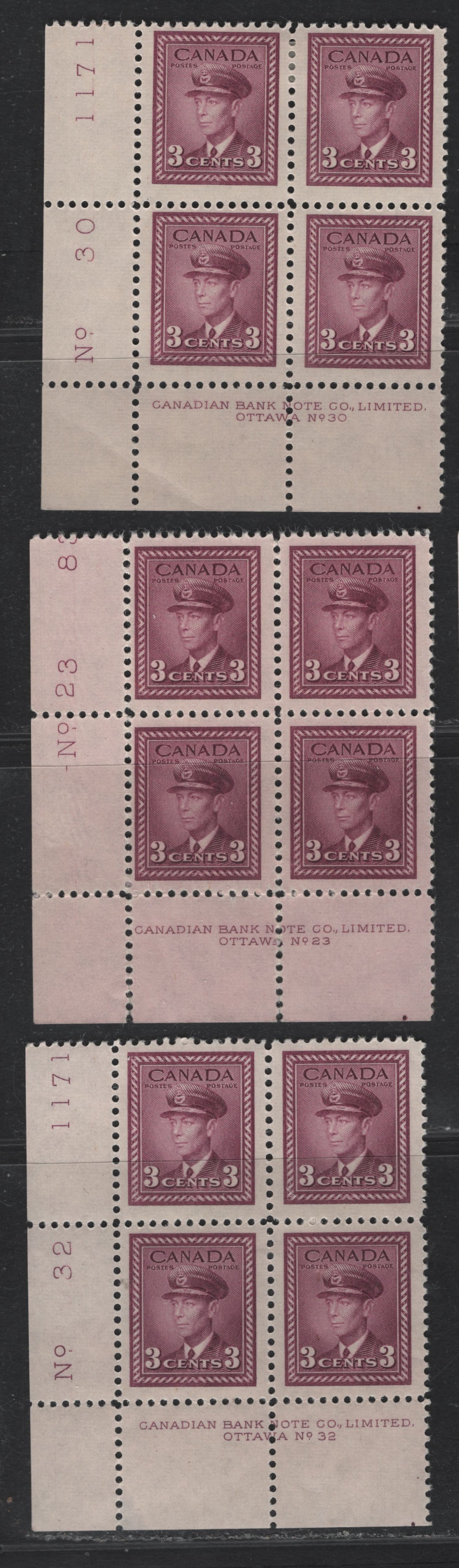 Lot 299 Canada #252 3c Rose Purple & Bright Rose Purple, 1942-1943 War Issue, 3 VG/FOG LL Plate Blocks Of 4, Plates 23, 30 & 32, Plate Dots Under D of Limited