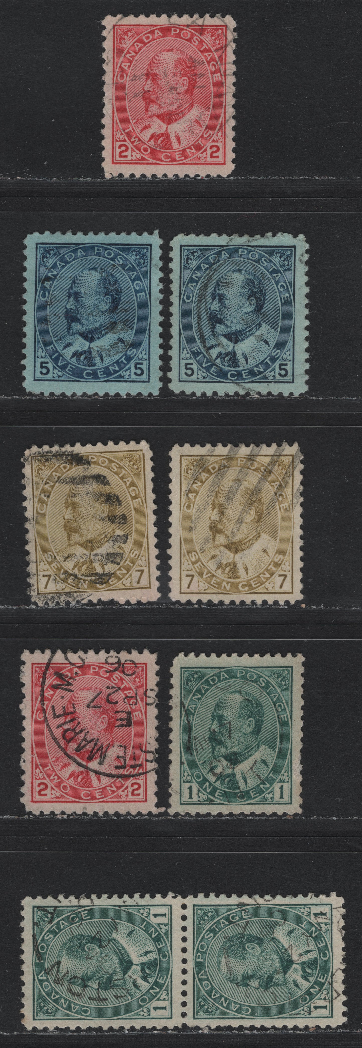 Lot 3 Canada #89iii, 90,I, 91,I, 92 1c - 7c Blue Green - Olive Bistre, 1903-1908 King Edward VII Issue, 8 Very Fine Used Singles, Different Papers & Unchecked As To Specific Types, Includes Both Blue/Indigo Shades Of 5c, Jumbo Margins.