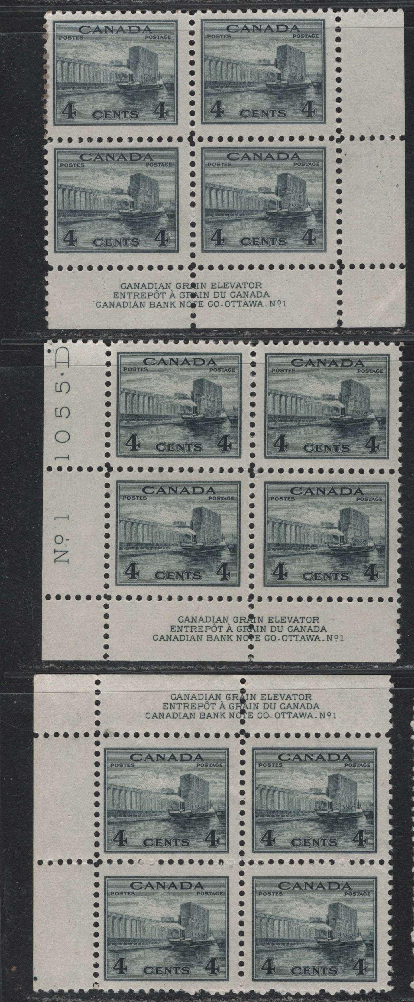 Lot 301 Canada (C) #253 4c Greenish Black, 1942-1943 War Issue, 3 VG/F/VFOG Plate 1 Blocks Of 4, UL, LL & LR Blocks