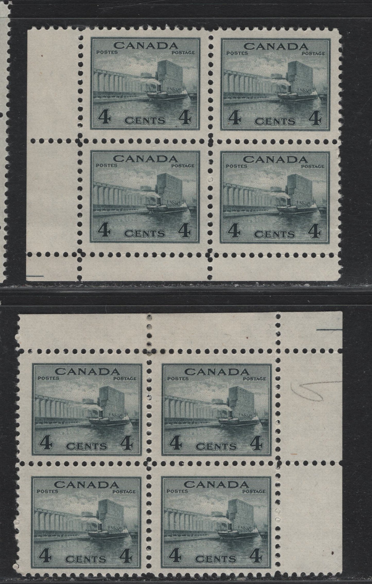 Lot 302 Canada #253 4c Bluish Slate, 1942-1943 War Issue, 2 F/VFNH Field Stock Blocks Of 4, LL & UR, Cutting Guidelines In The Selvedge