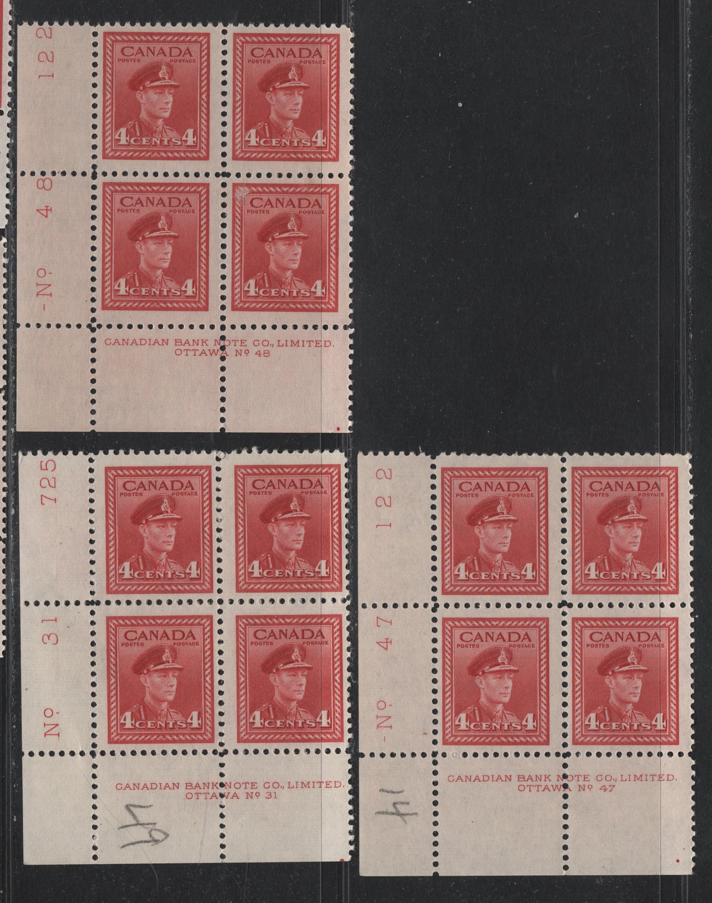 Lot 305 Canada #254 4c Carmine Red, 1942-1943 War Issue, 3 FNH LL Plate Blocks Of 4, Plates 31, 47 & 48, Unchecked As To Exact Papers & Perfs, Plate Dots At LR Under D Of Liited, Traces Of Guideline Under Order # & Plate Inscription.