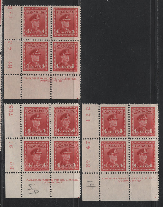 Lot 305 Canada #254 4c Carmine Red, 1942-1943 War Issue, 3 FNH LL Plate Blocks Of 4, Plates 31, 47 & 48, Unchecked As To Exact Papers & Perfs, Plate Dots At LR Under D Of Liited, Traces Of Guideline Under Order # & Plate Inscription.