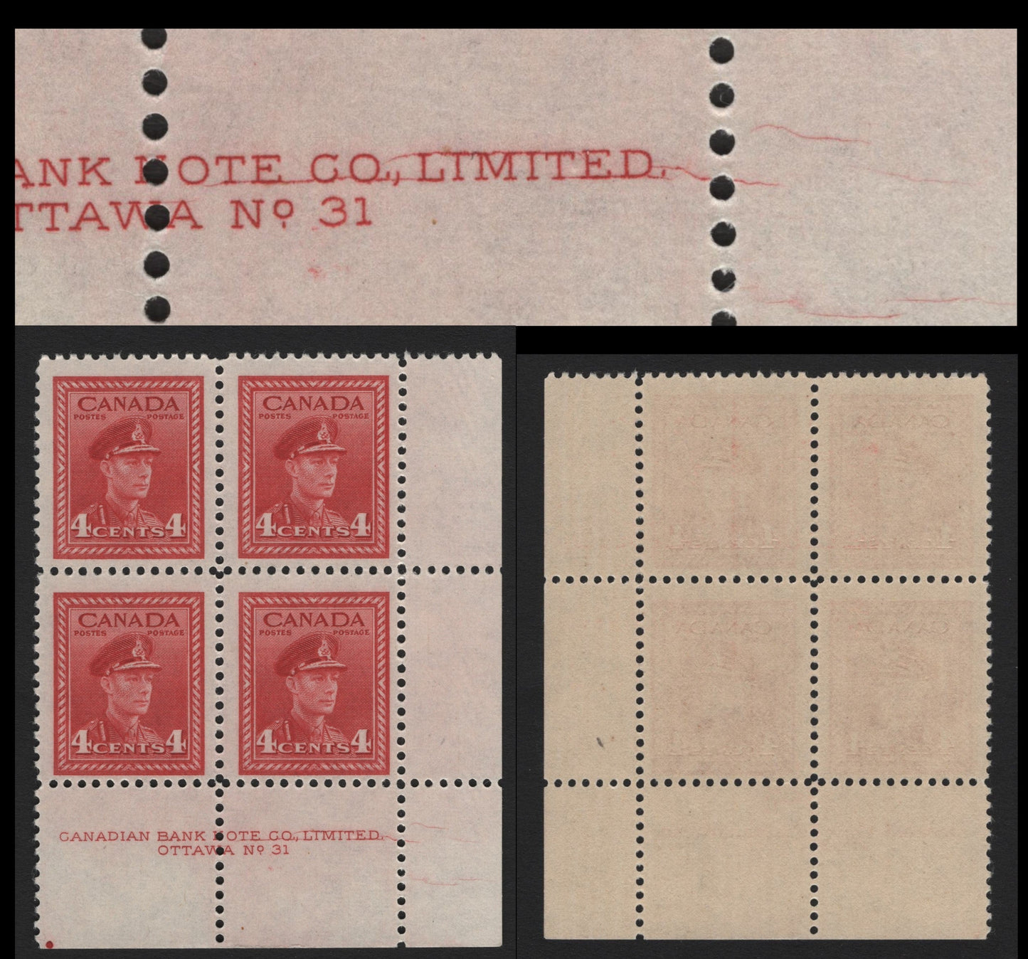 Lot 306 Canada #254 4c Carmine Red, 1942-1943 War Issue, A FNH LL Plate 31 Block Of 4, Showing Plate Cracks & Plate Dot At LL, Translucent Wove (CBN-NNNN) Paper With Cream Gum & A Satin Sheen