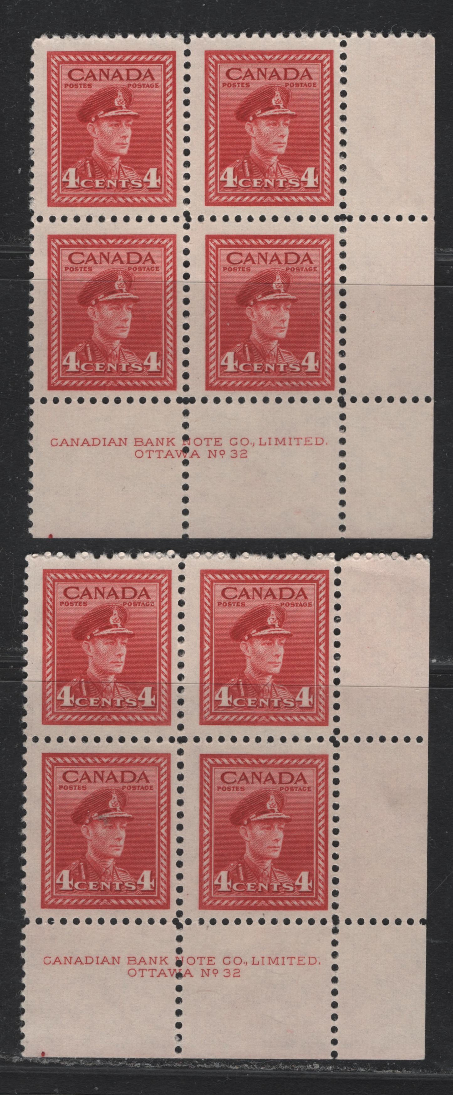 Lot 307 Canada #254 4c Deep Carmine Red, 1942-1943 War Issue, 2 FNH LL Plate Blocks Of 4, CBN-SSSSS Paper, Perfs 11.9 & 12x11.9, Both Have Plate Dots Under 'C' of Canada.