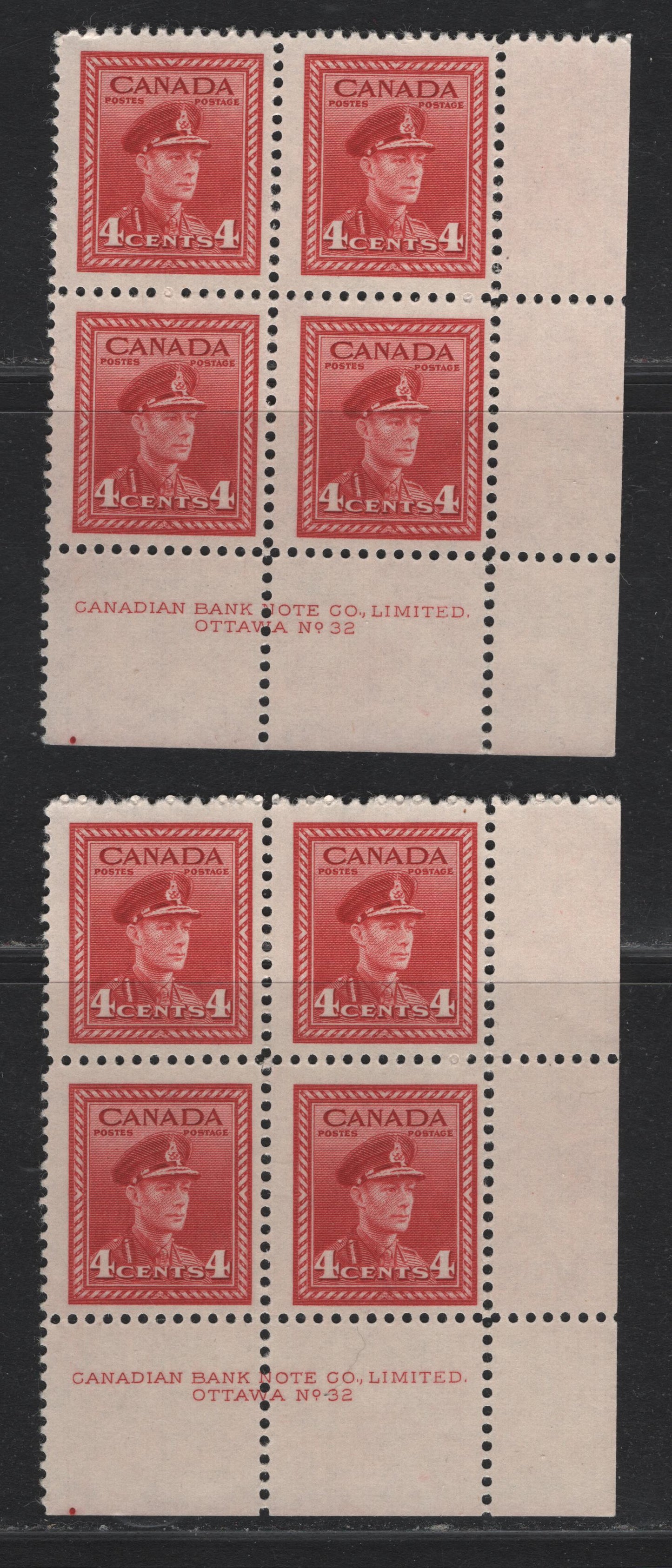 Lot 308 Canada #254 4c Deep Carmine Red, 1942-1943 War Issue, 2 FNH LR Plate 32 Blocks Of 4, CBN-BBBBB Paper, Perfs 11.9 & 12x11.9, Plate Dots At LL Under 'C' of Canadian.