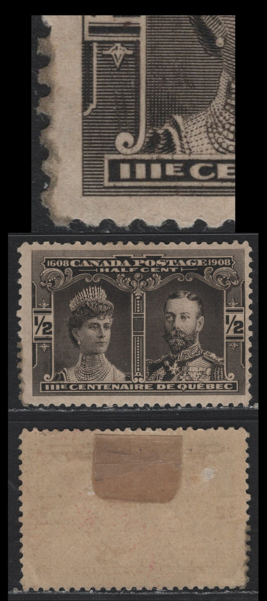Lot 30 Canada #96 1/2c Brown Black , 1908 Quebec Tercentenary Issue, A FOG Single, ABN-A paper, Perf 11.9, Showing Two Diagonal Scratches Inside The Lower Panel.