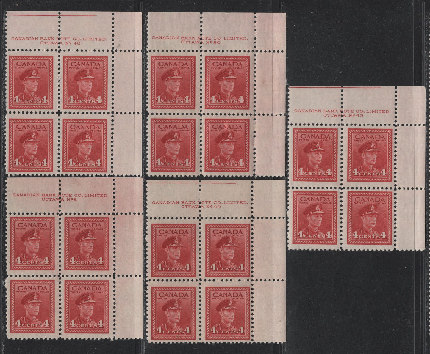 Lot 310 Canada #254 4c Carmine Red - Deep Carmine Red, 1942-1943 War Issue, 5 F/VFOG UR Plate Blocks Of 4, Plates 2, 39, 43, 48 & 50, Unchecked As To Specific Types & Perfs