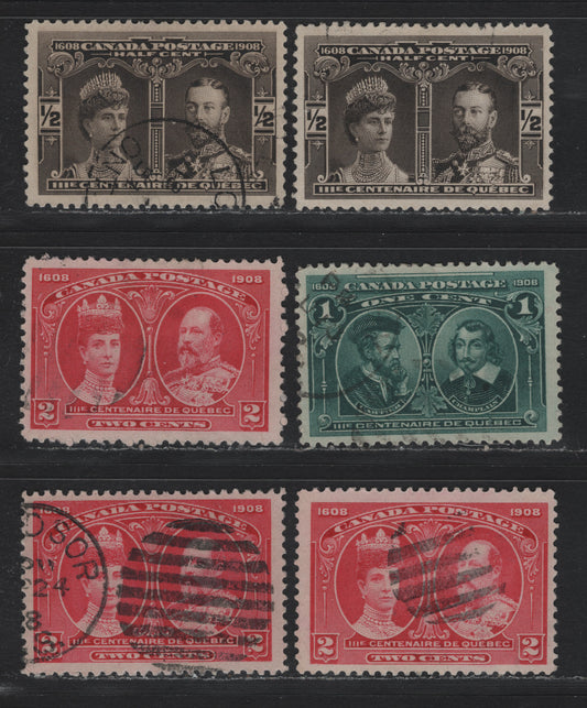 Lot 31 Canada #96-98 1/2c - 2c Black Brown - Pale Carmine Rose , 1908 Quebec Tercentenary Issue, 6 Fine/Very Fine Used Singles, ABN-A & ABN-B Papers, Not Checked As To Specific Types, or Perfs