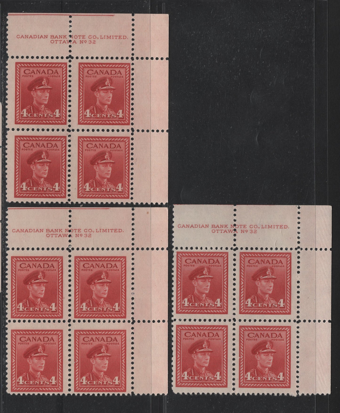 Lot 311 Canada #254 4c Carmine Red - Dull Carmine Red, 1942-1943 War Issue, 3 FNH UR Plate 32 Blocks Of 4, Similar Translucent Paper, Exact Type Not Determined, All A Slightly Different Shade, Two Have Cutting Guidelines At The Top.