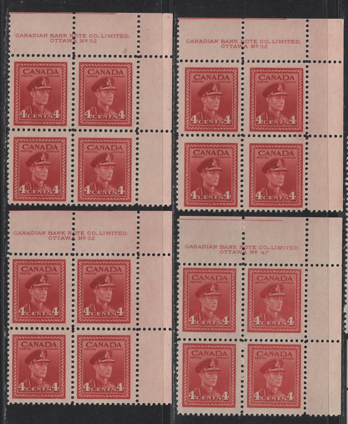 Lot 312 Canada #254 4c Deep Carmine Red, 1942-1943 War Issue, 4 FNH UR Plate Blocks Of 4, Plates 32(x3) & 47, P.47 Is CBN-VVVVV Paper, The P32 Blocks Are On CBN-UUUUU Papers, P.32 Blocks Are Identical Except With Respect To Perfs.