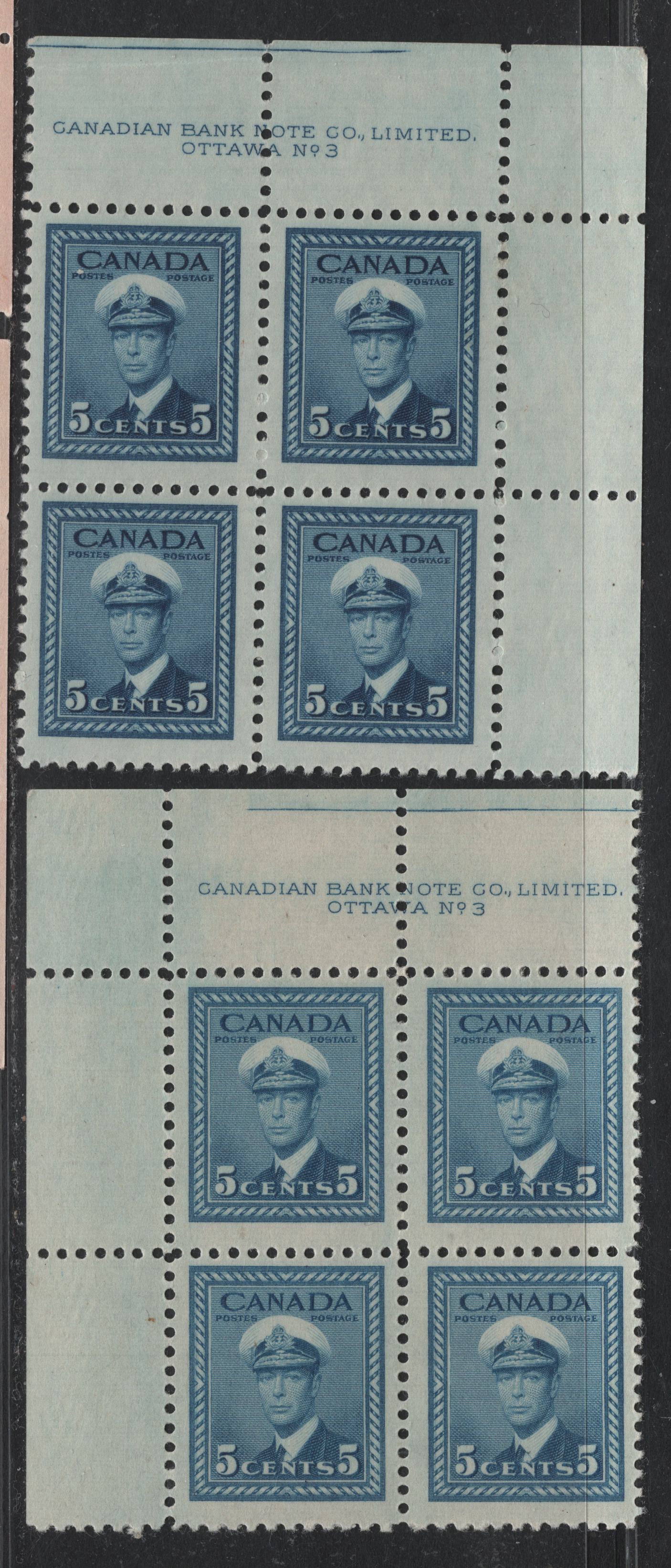 Lot 313 Canada (C) #255 5c Blue - Deep Blue, 1942-1943 War Issue, 2 FNH UL & UR Plate 3 Blocks Of 4, Different Papers & Perfs, Light Bend In Selvedge Of UR Block
