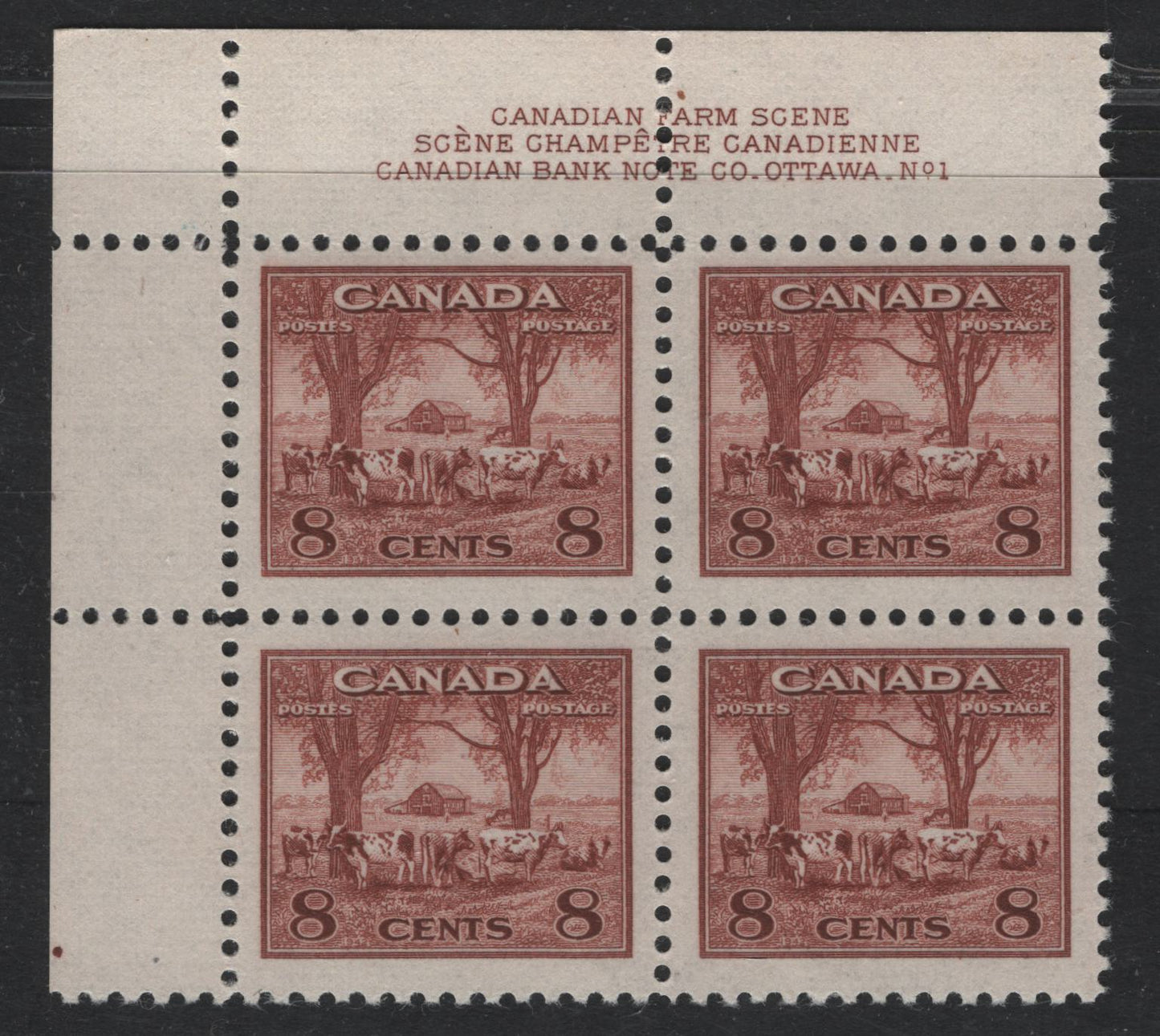 Lot 314 Canada #256 8c Red Brown, 1942-1943 War Issue, A VFOG UL Plate 1 Block Of 4, CBN-WWWWW, Perf 11.9x12