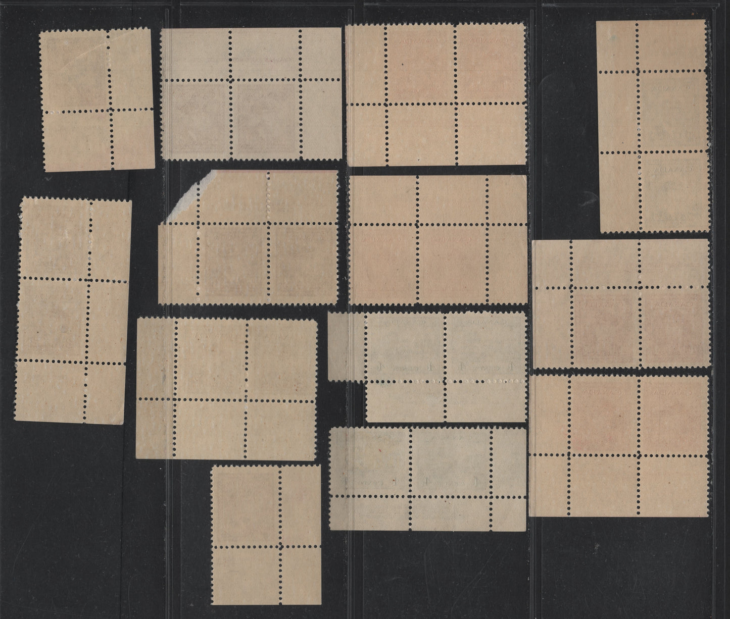 Lot 315 Canada (C) #250, 252-255 2c - 5c Brown - Blue, 1942-1943 War Issue, 13 F/VFNH/OG Plate Singles & Pairs, Different Papers