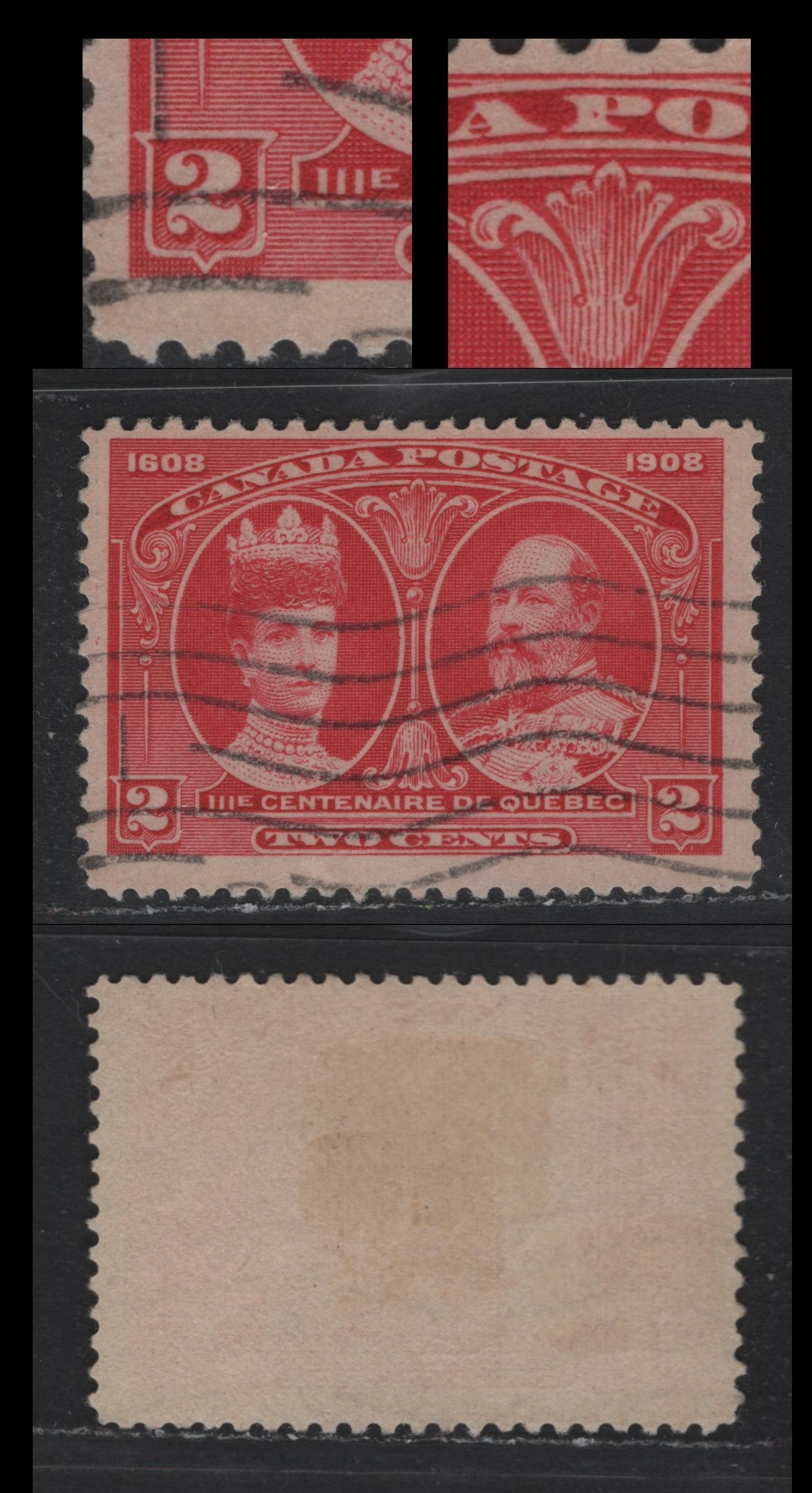 Lot 35 Canada #98 2c Carmine Rose, 1908 Quebec Tercentenary Issue, A Fine Used Single, ABN-A Paper, Perf 11.9x12, Showing Small Mark Inside the Framelines Of The Left Numeral Box & Dot Inside P of Postage.