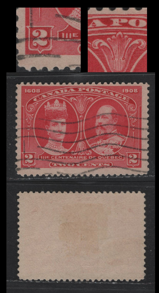 Lot 35 Canada #98 2c Carmine Rose, 1908 Quebec Tercentenary Issue, A Fine Used Single, ABN-A Paper, Perf 11.9x12, Showing Small Mark Inside the Framelines Of The Left Numeral Box & Dot Inside P of Postage.