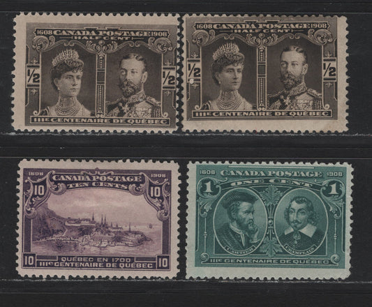 Lot 36 Canada #96-97, 101 1/2c - 10c Black Brown - Purple, 1908 Quebec Tercentenary Issue, 4 G/VFOG Singles, ABN-A Papers, Unchecked As To Perfs, All Except The 1/2c have Small Faults.