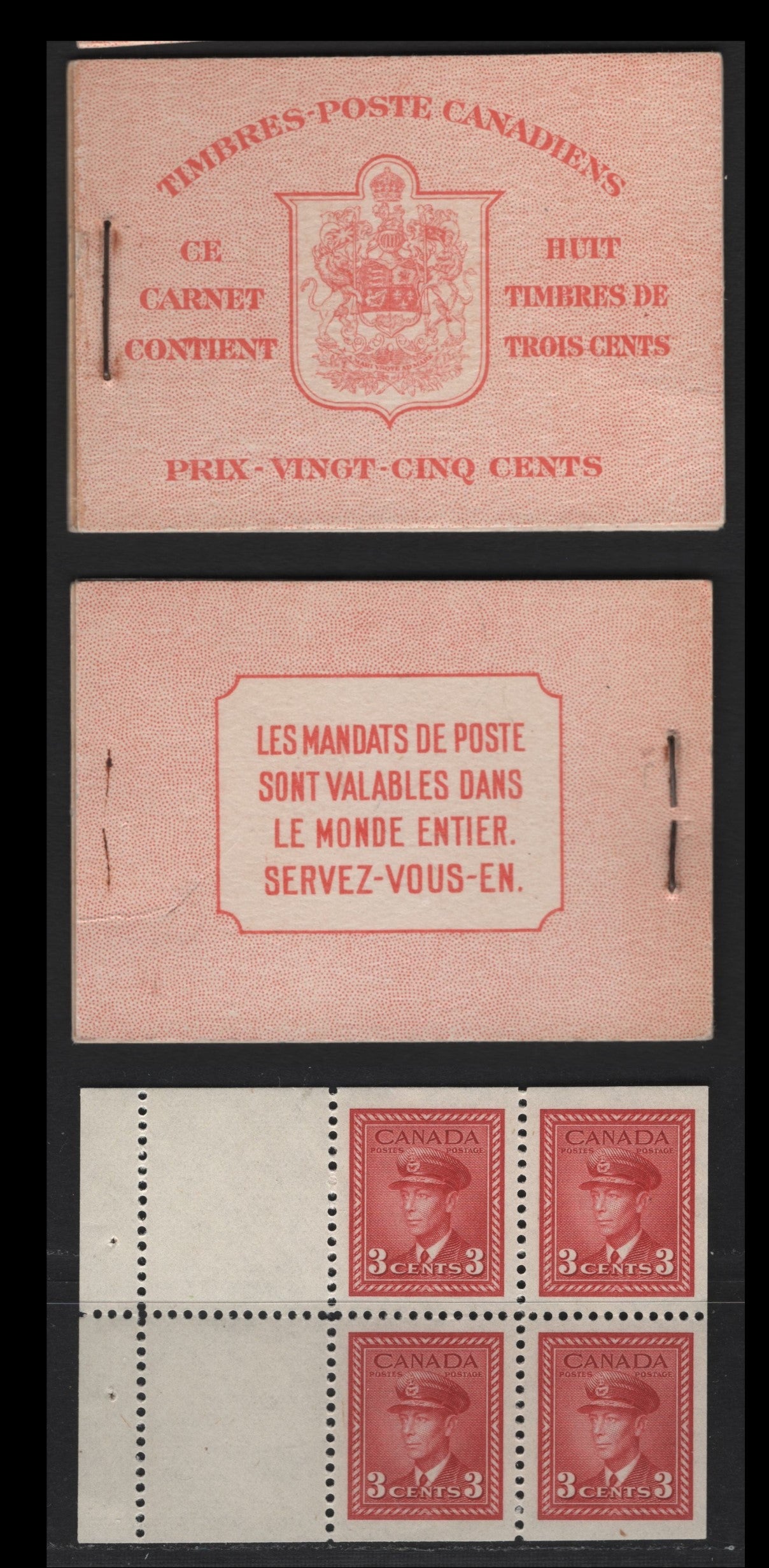 Lot 360 Canada (C) #BK34a 1942-1947 War Issue, A Complete 25c French Booklet, 2 Panes Of 4+2 Labels 3c Dark Carmine, Front Cover IIn, Type 1B Cover, 6c Rate Page, 560,000 Issued, Paper CBN-OOOOO