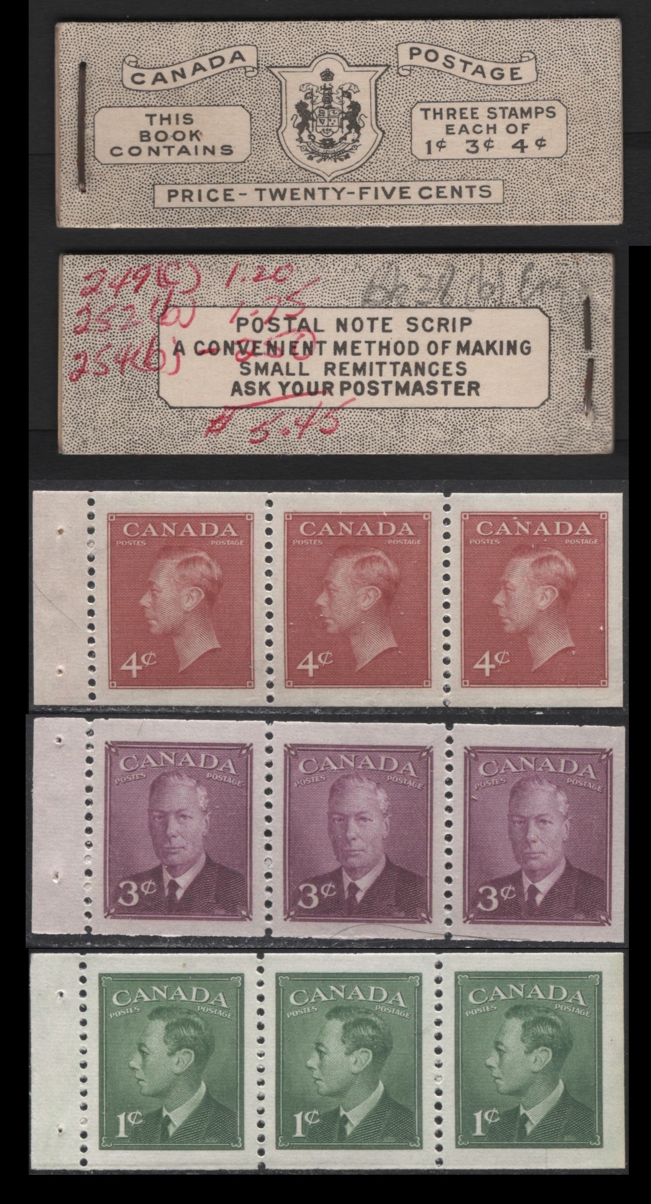 Lot 362 Canada (C) #BK38bE 1942-1947 War Issue, A Complete 25c English Booklet With 1c Green, 3c Rose Violet & Dark Carmine, Panes Of 3. Front Cover IVa, Back Cover Haiv, Type II Cover, 7c & 5c Rates, 'Postmaster', Paper CBN-AAAAAA