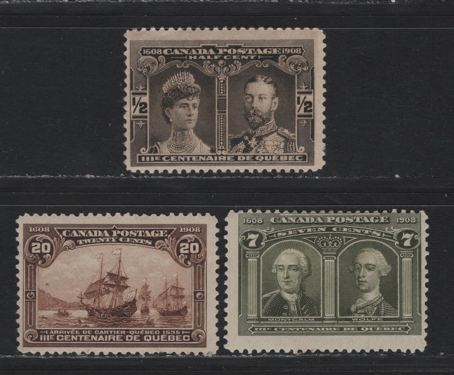 Lot 37 Canada #96, 100, 103 1/2c - 20c Black Brown - Brown, 1908 Quebec Tercentenary Issue, 3 VG/FOG Singles, ABN-A Papers, Unchecked As To Perfs
