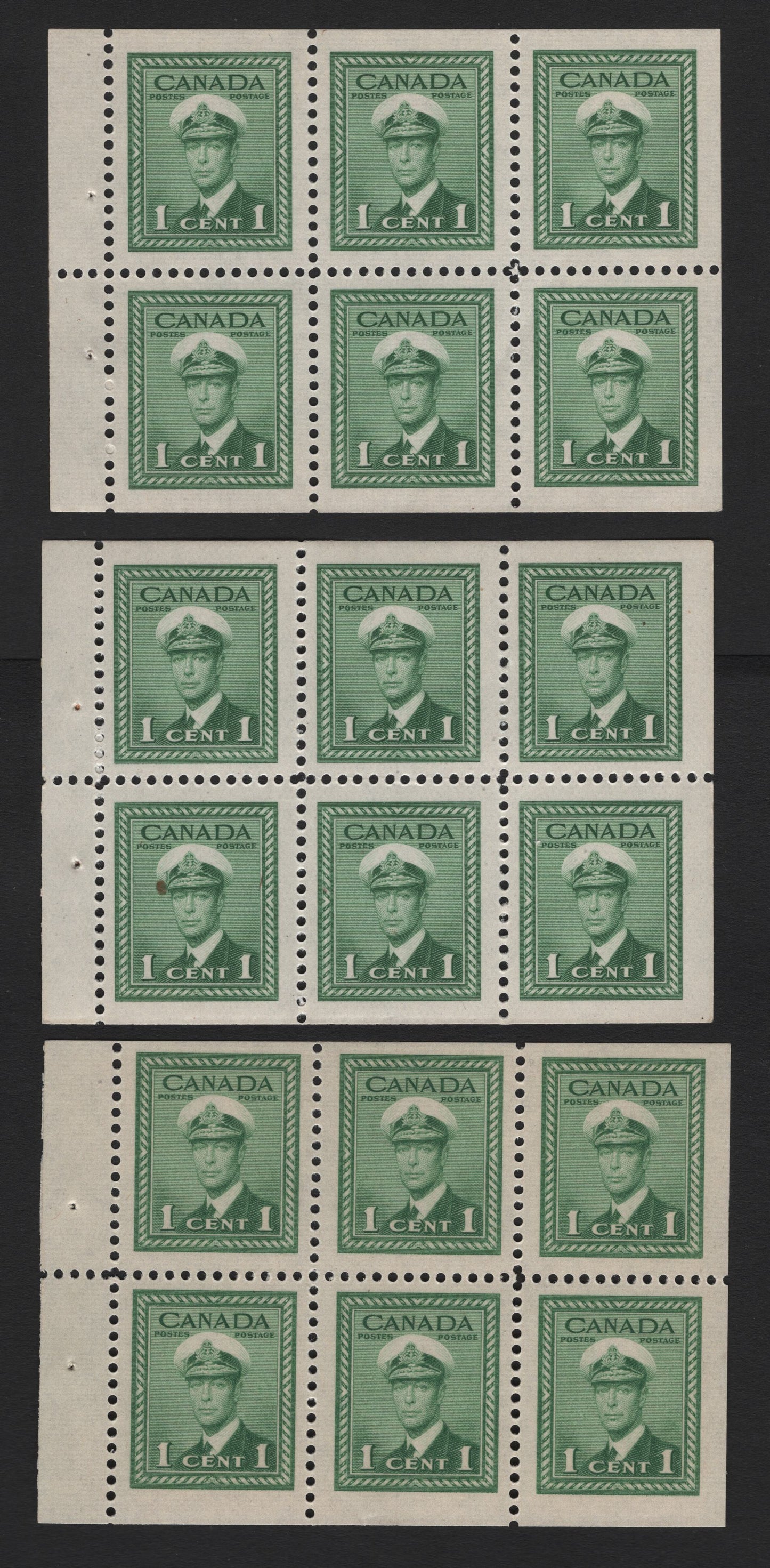 Lot 380 Canada #249b 1c Green, 1942-1943 War Issue, 3 VFNH Booklet Panes Of 6, One Is On Vertical Wove With Cream Gum (CBN-AAAAA), Rest Are Horizontal Ribbed Paper, Not Identified To Specific Type