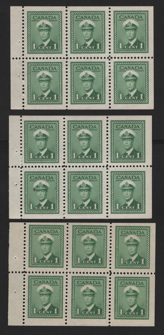 Lot 380 Canada #249b 1c Green, 1942-1943 War Issue, 3 VFNH Booklet Panes Of 6, One Is On Vertical Wove With Cream Gum (CBN-AAAAA), Rest Are Horizontal Ribbed Paper, Not Identified To Specific Type