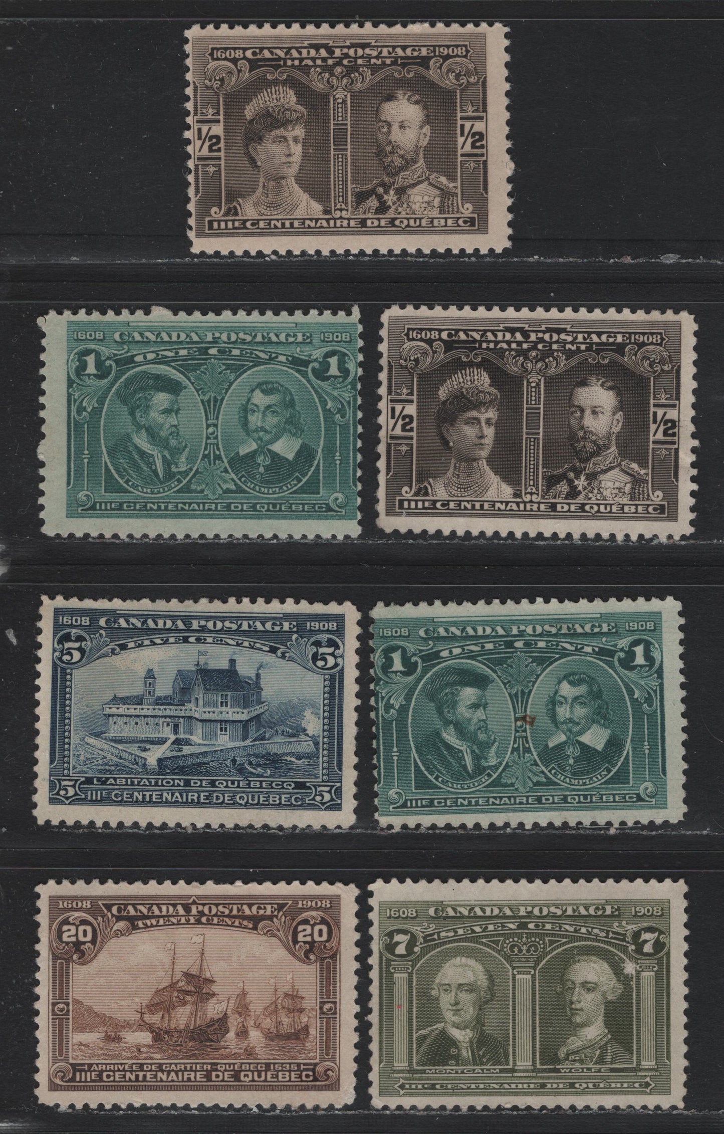 Lot 38 Canada #96-97, 99-100, 103 1/2c - 20c Black Brown -Brown, 1908 Quebec Tercentenary Issue, 7 Very Good/Fine Unused Singles, Few With Small Faults, ABN-A & ABN-B Papers