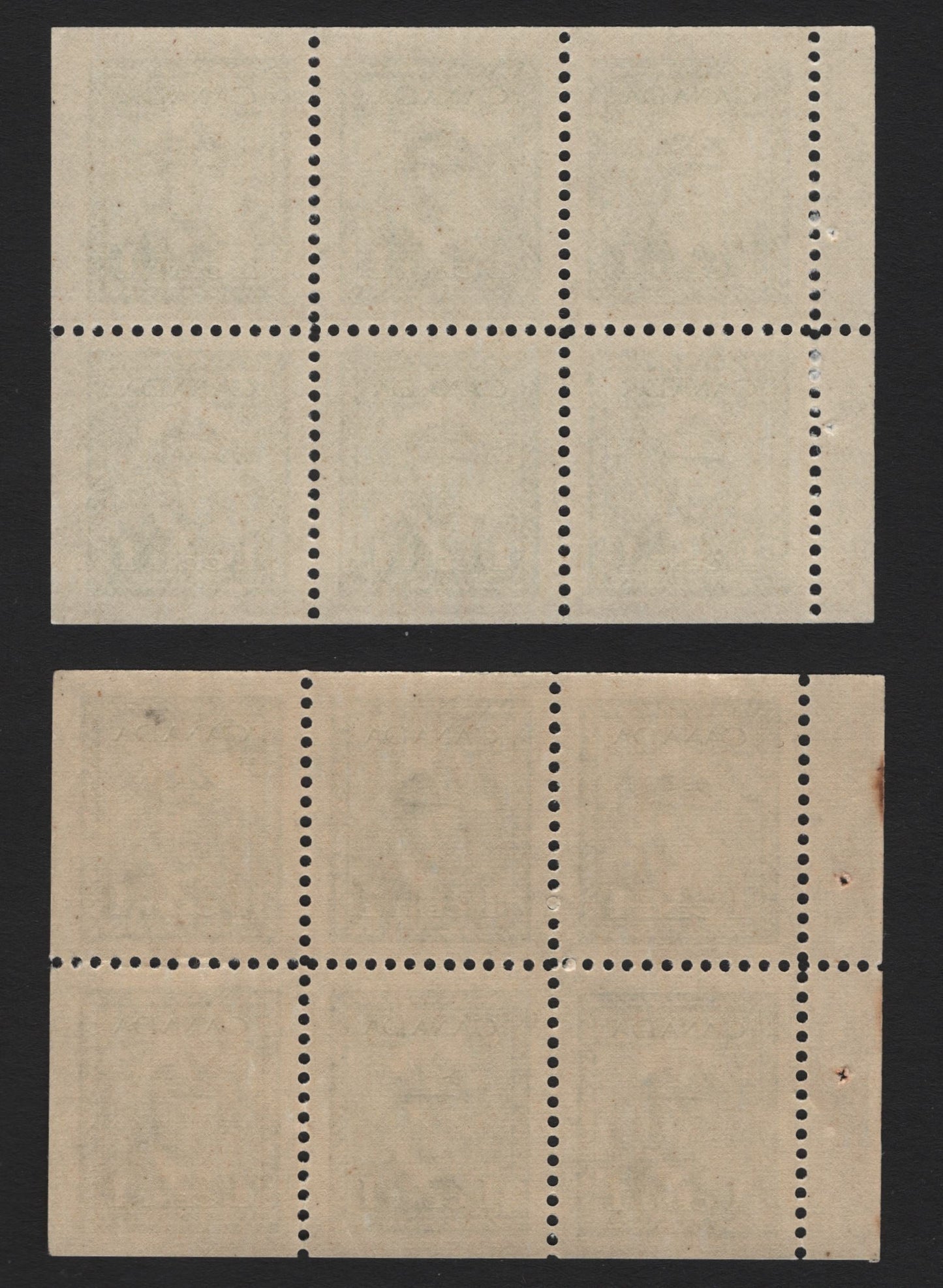 Lot 381 Canada (C) #249b 1c Green, 1942-1943 War Issue, 2 VFNH Booklet Panes Of 6, Each Of Different Paper From Previous Lot (#380), One Is Vertical Wove Paper With No Ribbing, Other Is Horiz Ribbed Paper & One Has Slightly Narrower Tab.