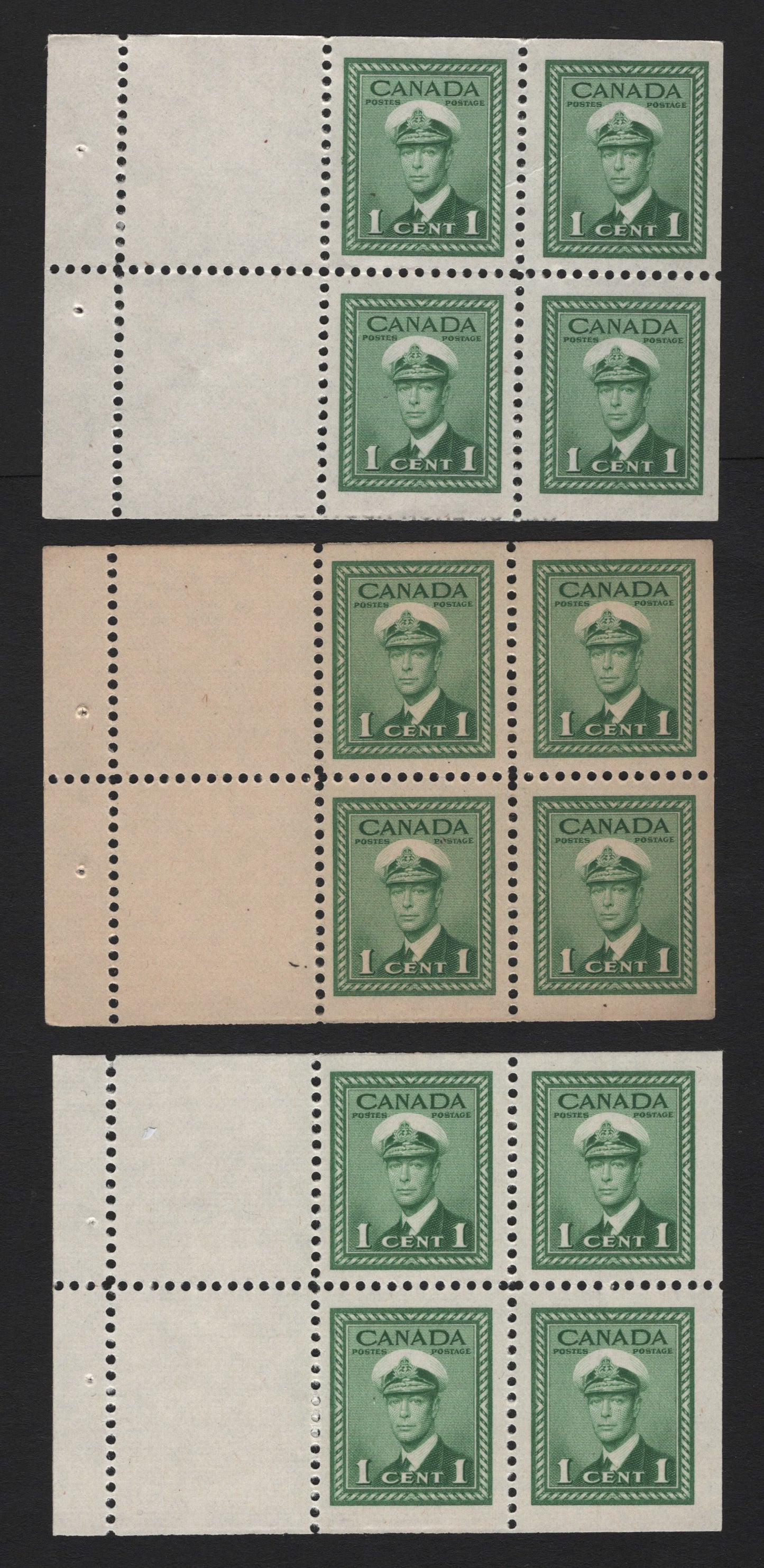 Lot 382 Canada (C) #249a 1c Green - Bluish Green, 1942-1943 War Issue, 3 F/VFNH Booklet Panes Of 6, Variants Of CBN-AAAAA Paper