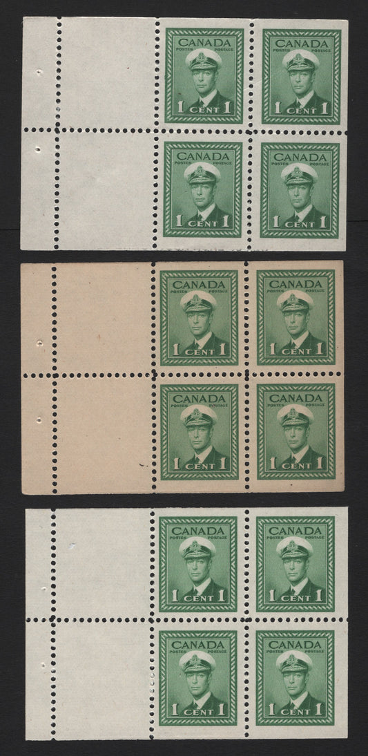 Lot 382 Canada (C) #249a 1c Green - Bluish Green, 1942-1943 War Issue, 3 F/VFNH Booklet Panes Of 6, Variants Of CBN-AAAAA Paper