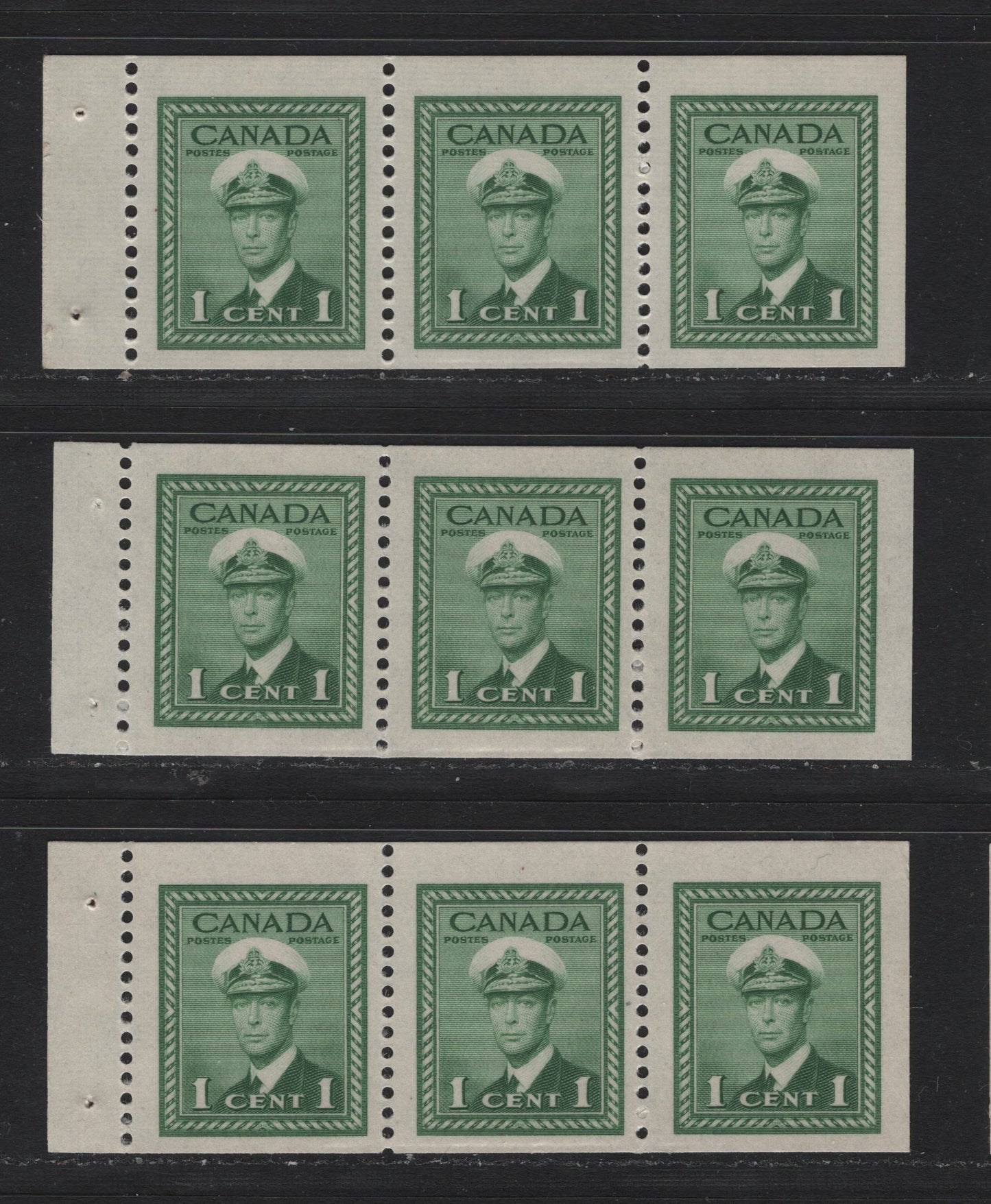 Lot 383 Canada #249c 1c Green, 1942-1943 War Issue, 3 F/VFNH Chewing Gum Booklet Panes Of 3, Horizontal Wove & Vertical Wove Papers, Two Panes On Horizontal Wove Paper Have Streaky & Smooth Gums