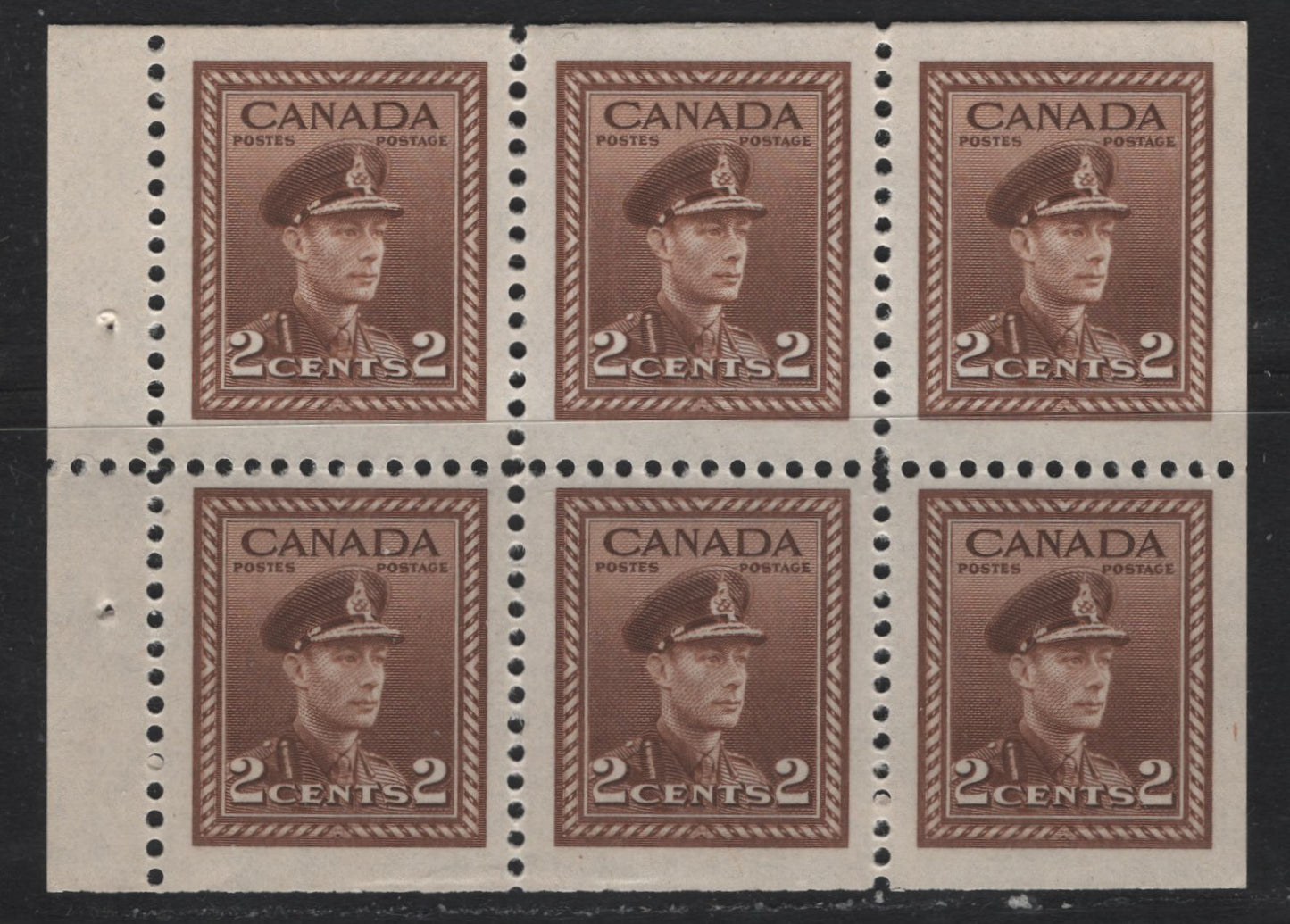 Lot 385 Canada (C) #250b 2c Brown, 1942-1943 War Issue, A VFNH Booklet Pane Of 6, CBN-AAAAA Paper