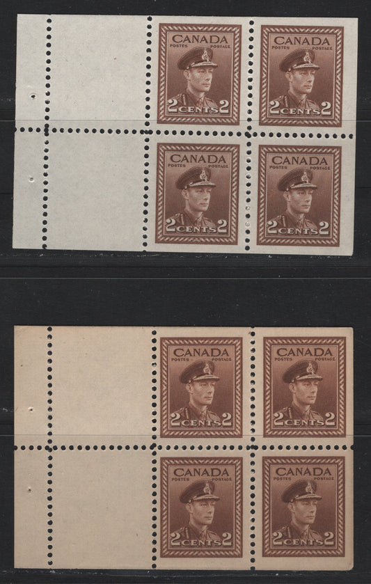 Lot 386 Canada #250a 2c Deep Brown - Brown, 1942-1943 War Issue, 2 VFNH Booklet Panes Of 4+2 Labels, Both On Vertical Wove Paper, Not Identified As To Specific Type, One Is Toned, Which May Result From Poor Storage, But May Be A Legitimate Variation.