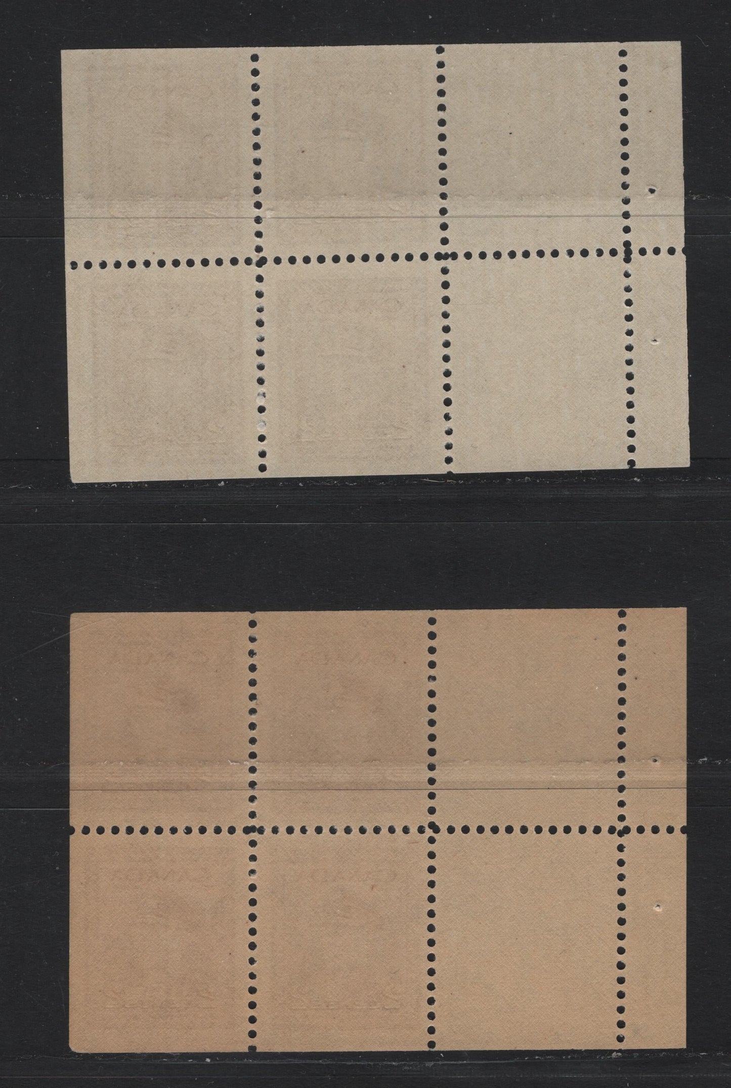 Lot 386 Canada #250a 2c Deep Brown - Brown, 1942-1943 War Issue, 2 VFNH Booklet Panes Of 4+2 Labels, Both On Vertical Wove Paper, Not Identified As To Specific Type, One Is Toned, Which May Result From Poor Storage, But May Be A Legitimate Variation.