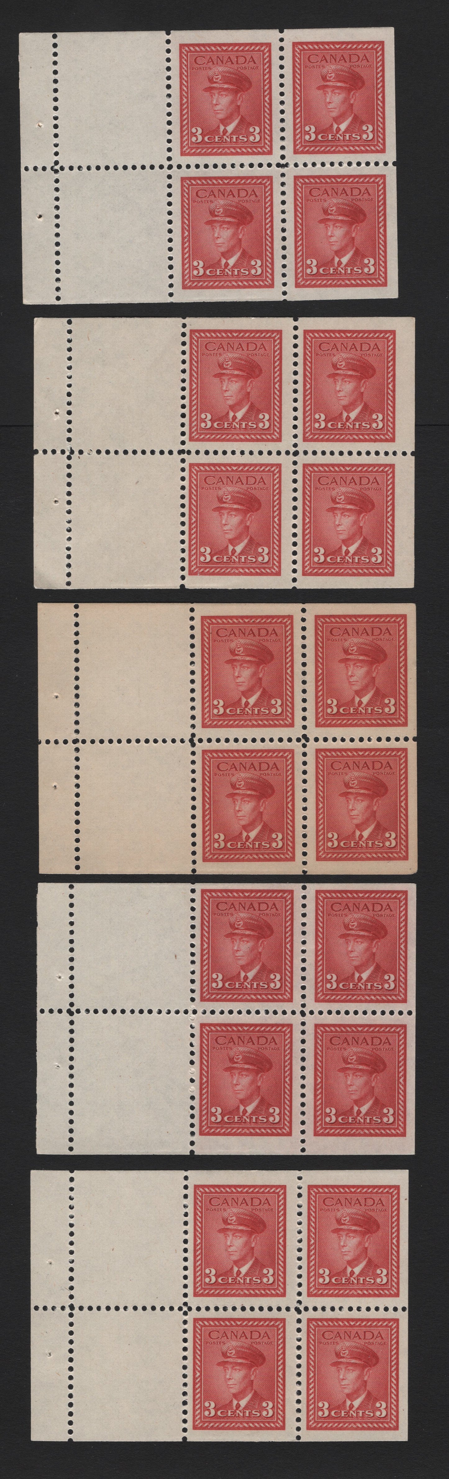 Lot 387 Canada (C) #251a 3c Dark Carmine - Bright Carmine Red, 1942-1943 War Issue, 5 VFNH Booklet Panes Of 4+2 Labels, From Combination & 25c Booklets, Vertical Wove Paper With Different Gum Types