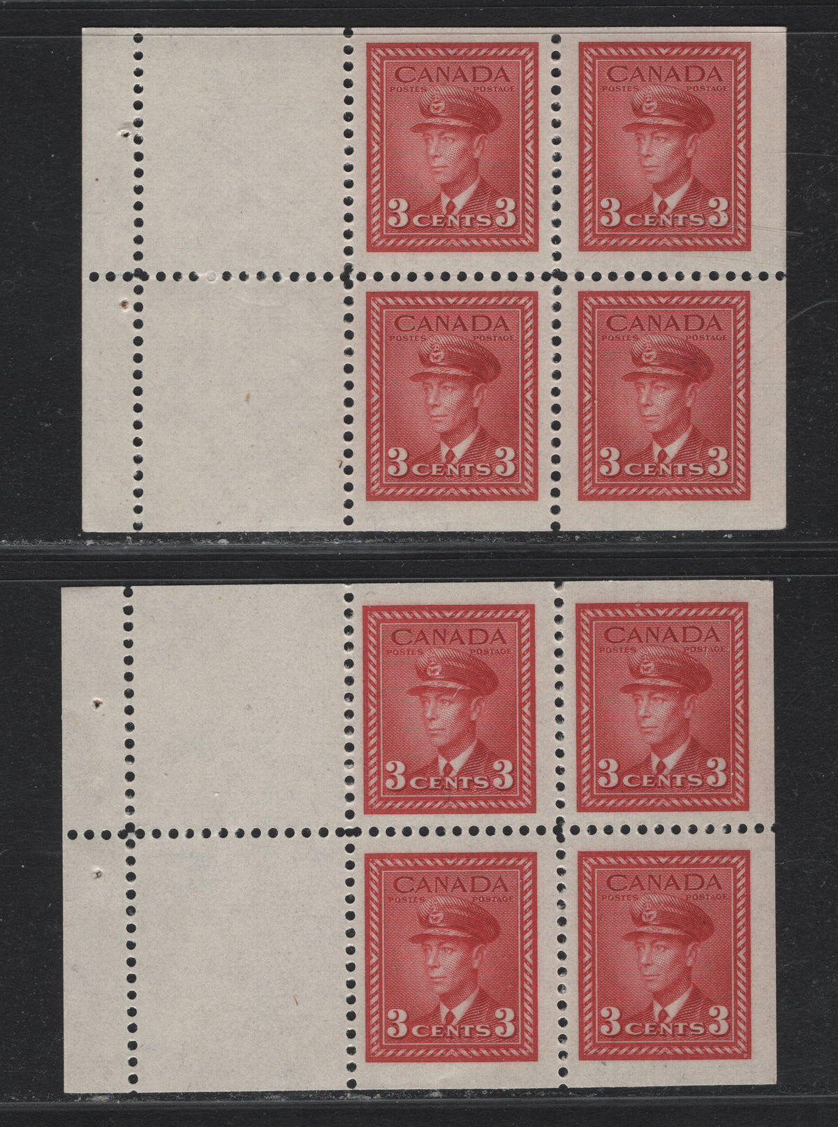 Lot 31 Canada #251 3c Carmine Red - Bright Carmine Red, 1942-1943 War Issue, 2 VFNH Booklet Panes Of 4+2 Labels, Vertical Wove With Mesh Only Visible In Backlight Crackly Cream Gum, Shades Are Different From Lot 388