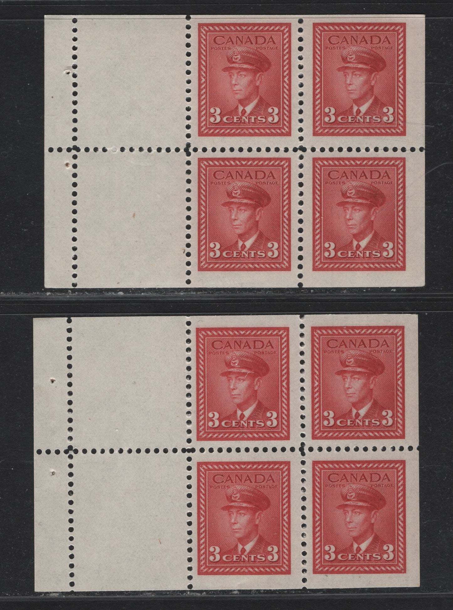 Lot 389 Canada #251 3c Carmine Red - Bright Carmine Red, 1942-1943 War Issue, 2 VFNH Booklet Panes Of 4+2 Labels, Vertical Wove With Mesh Only Visible In Backlight Crackly Cream Gum, Shades Are Different From Lot 388