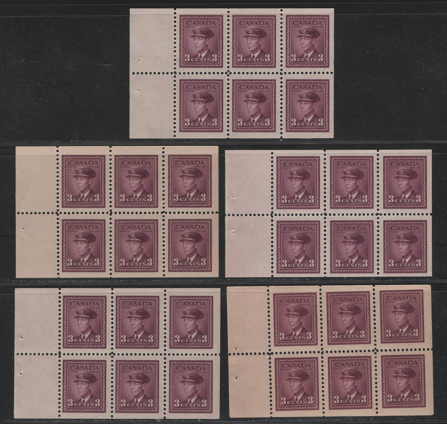 Lot 390 Canada (C) #252c 3c Plum - Rosy Purple, 1942-1943 War Issue, 5 VFNH Booklet Panes Of 6, Wide Tab, From The 1947 Gift Booklet, Two Are From Booklet With 14mm Staple & Different Shades, 3 Are From The 12mm Staple Booklet & All Different Shades.