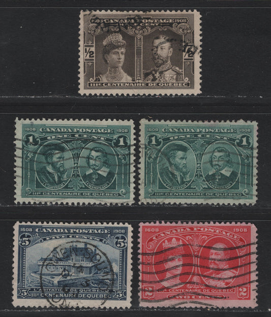 Lot 39 Canada #96-99 1/2c - 5c Black Brown - Blue, 1908 Quebec Tercentenary Issue, 5 Very Good/Fine Used Singles, ABN-B (1c) & ABN-A (Rest) Papers, 5c Has Small Wrinkle, October 3 1908 Owen Sound CDS.