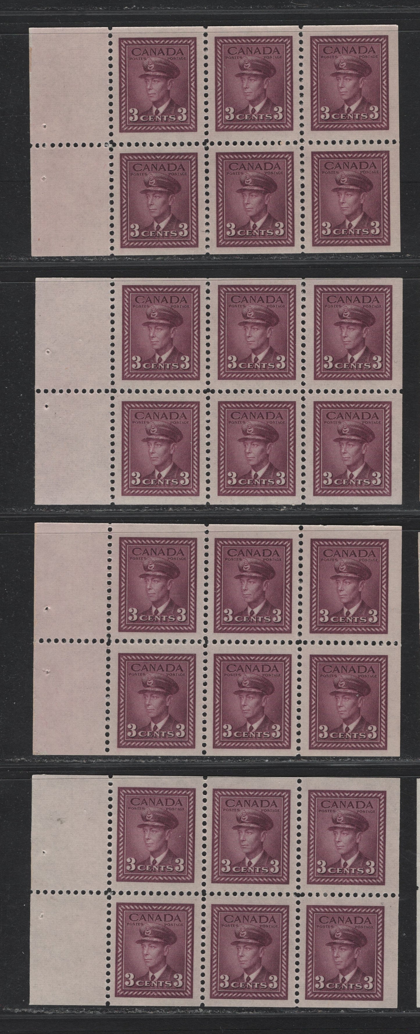 Lot 391 Canada #253c 3c Rose Purple, 1942-1943 War Issue, 4 VFOG Booklet Panes Of 6, Wide Selvedge Tab From Gift Booklet, 2 Each Of The 14mm Staple & 2 Of The 12mm Staple, Each A Different Shade.