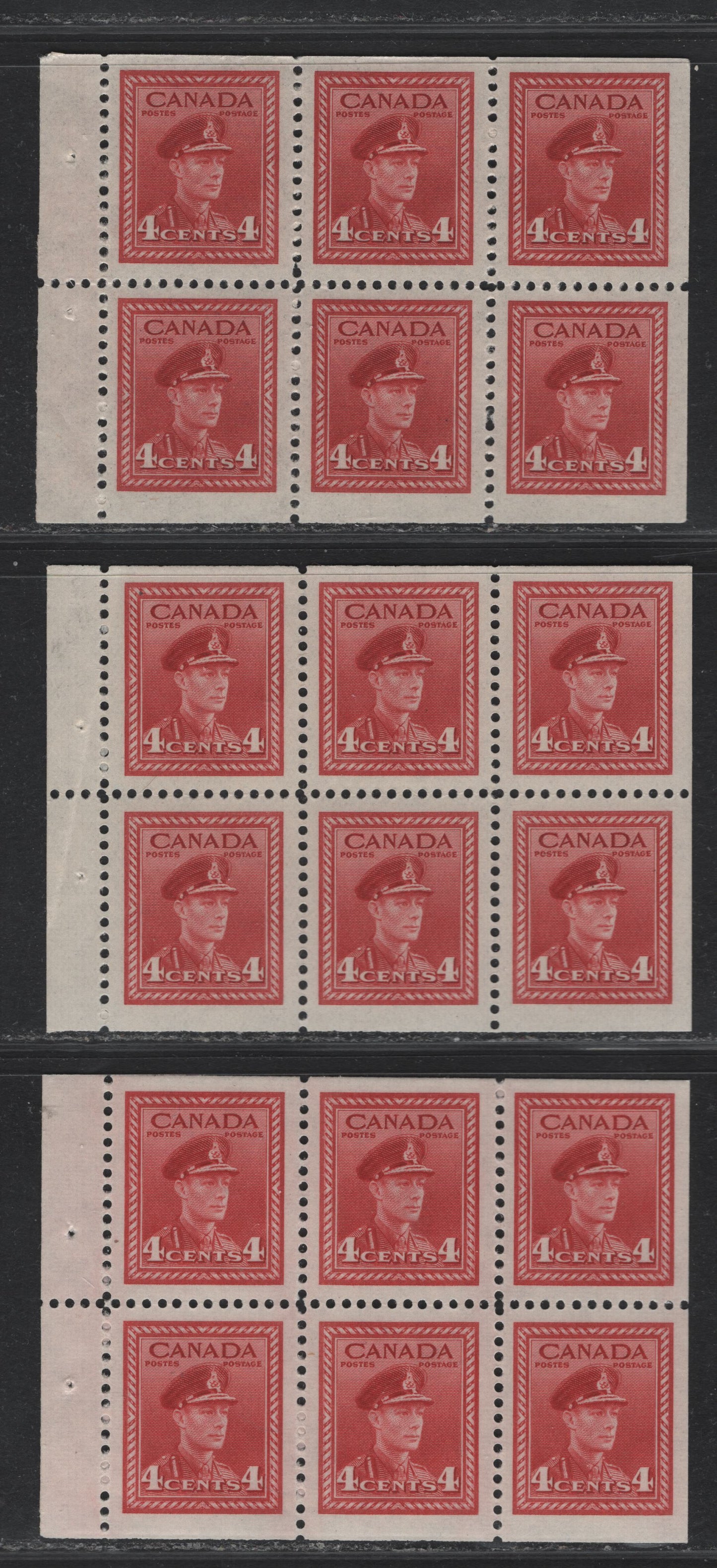 Lot 394 Canada (C) #254a 4c Carmine Red & Deep Carmine Red, 1942-1943 War Issue, 3 VFOG/NH Booklet Panes Of 3, Two Of The Deep Carmine Red & Are Printed On Different Vertical Wove Papers, The Lighter Pane Is On A Horizontal Ribbed Paper.
