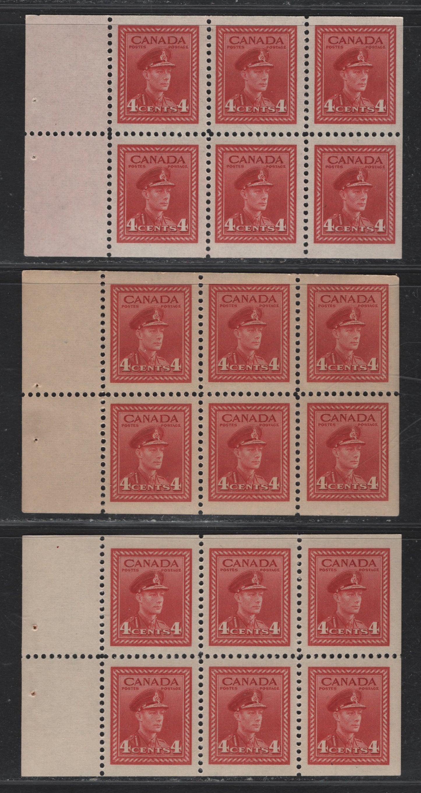 Lot 395 Canada (C) #254ai 4c Carmine Red - Deep Carmine Red, 1942-1943 War Issue, 3 VFNH Booklet Panes Of 6, Wide Tab From Gift Booklet, Two Are From 12mm Staple & Last One Is From 14mm Staple.