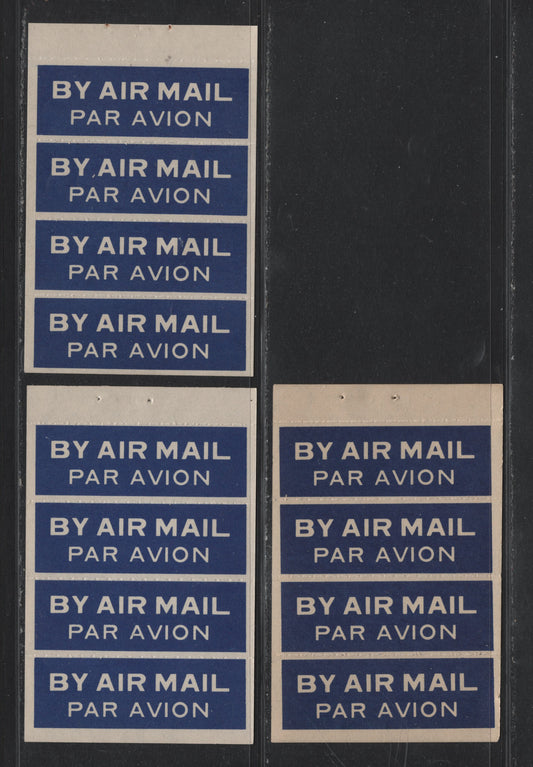Lot 396 Canada Unlisted,  3 VFNH Panes Of 4 Airmail Labels From 1947 Gift Booklet, Printed In 3 Different Shades Of Blue On White Vert. Ribbed Paper, All Three Show Different Gum Types.