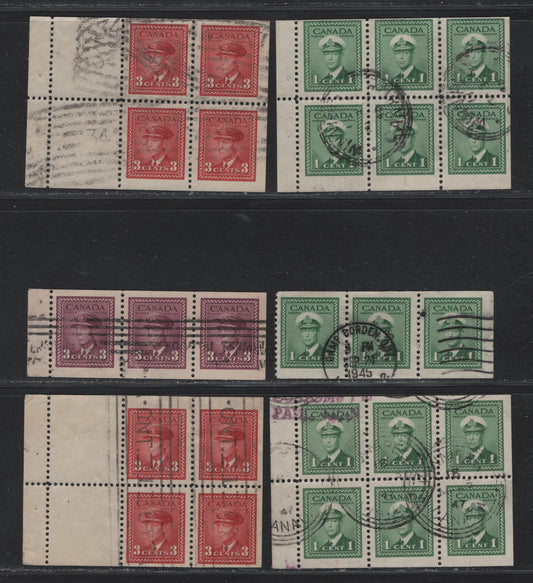 Lot 397 Canada #249a,c, 251a, 252b 1c - 3c Green - Bright Carmine, 1942-1943 War Issue, 6 Fine/Very Fine Used Booklet Panes Of 6, 4+2 & 3, Postally Used Which Is Scarce For These, Some Roller Cancels, Slightly Different Papers.
