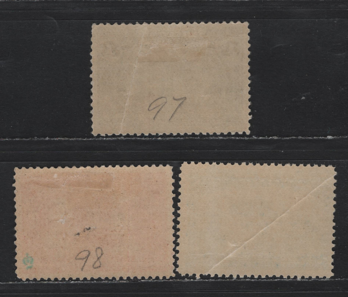 Lot 40 Canada #97-99 1c - 5c Blue Green - Dark Blue, 1908 Quebec Tercentenary Issue, 3 Fair/VGOG Singles, Heavy Creases, ABN-A & ABN-B Papers