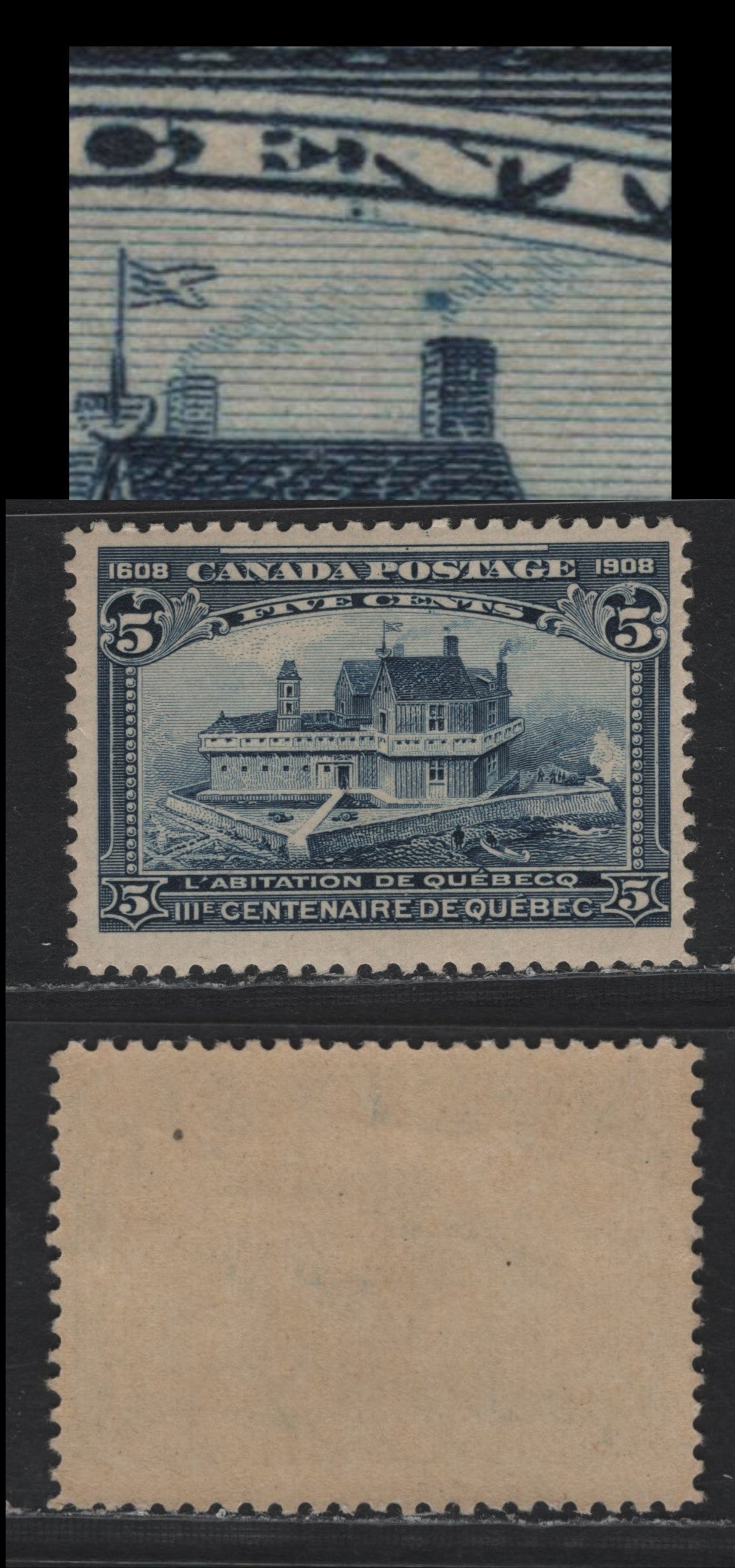 Lot 41 Canada #99var 5c Dark Blue, 1908 Quebec Tercentenary Issue, A FNH Single, Showing Flying Cinders From The Chimney, Constant Variety, ABN-A Paper, Perf 12.