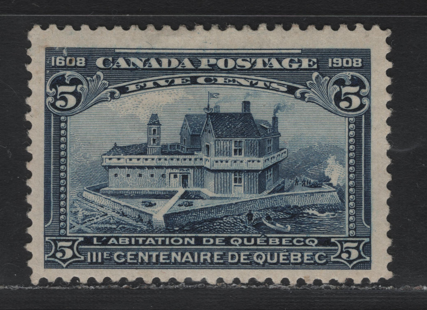 Lot 43A Canada #99 5c Dark Blue, 1908 Quebec Tercentenary Issue, A FOG Single, ABN-B Paper, Perf 12